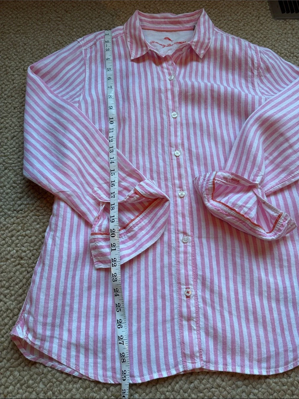 Tommy Bahama Woman’s Large 100% Linen Pink and White Striped Button-Up Shirt - Picture 6 of 11